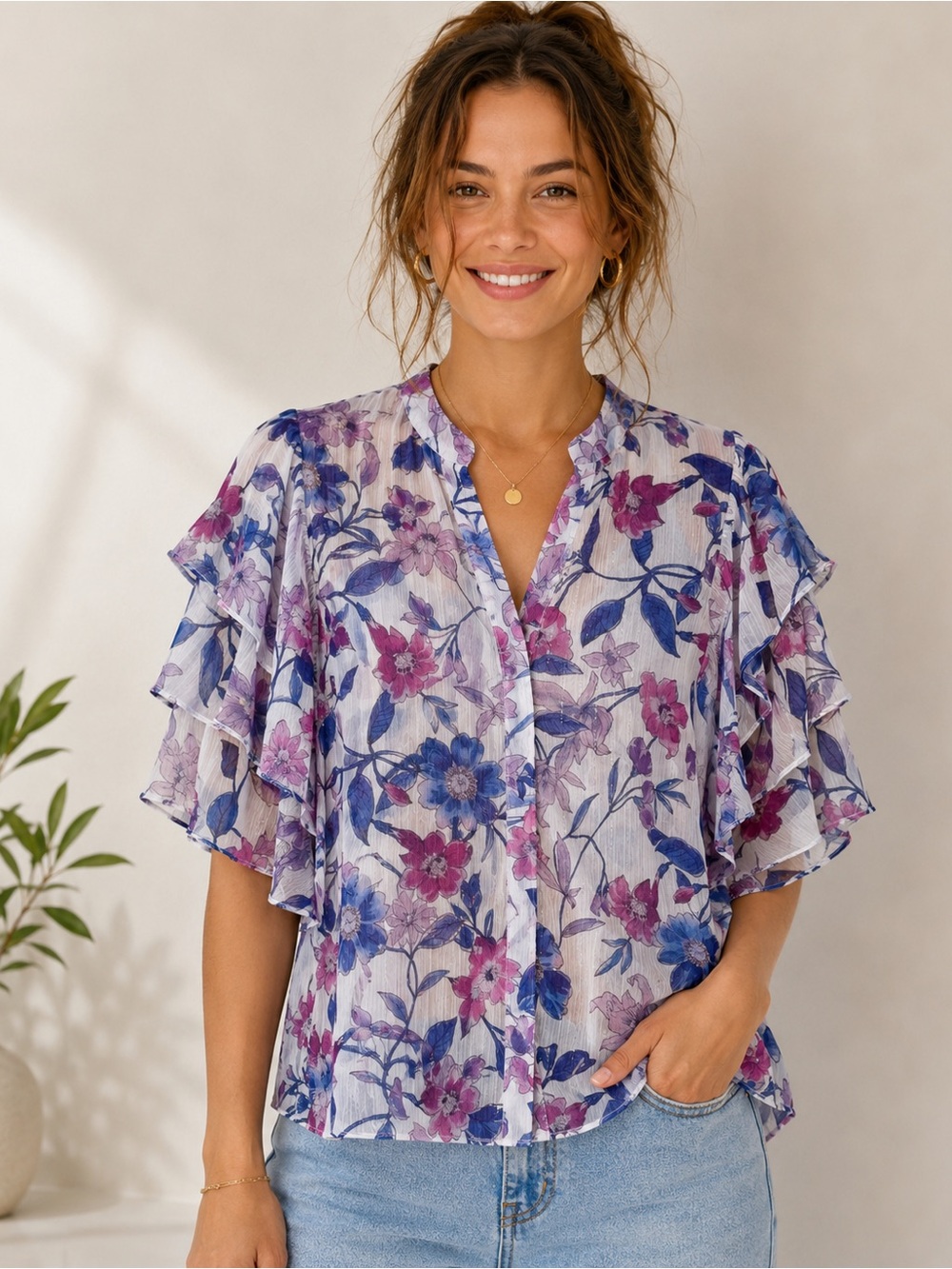 MISA Los Angeles Floral Metallic Flutter Sleeve Blouse Size Medium